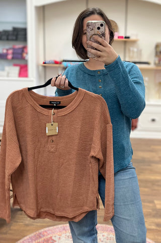 Waffle Knit Henley Long Sleeve Knit Top